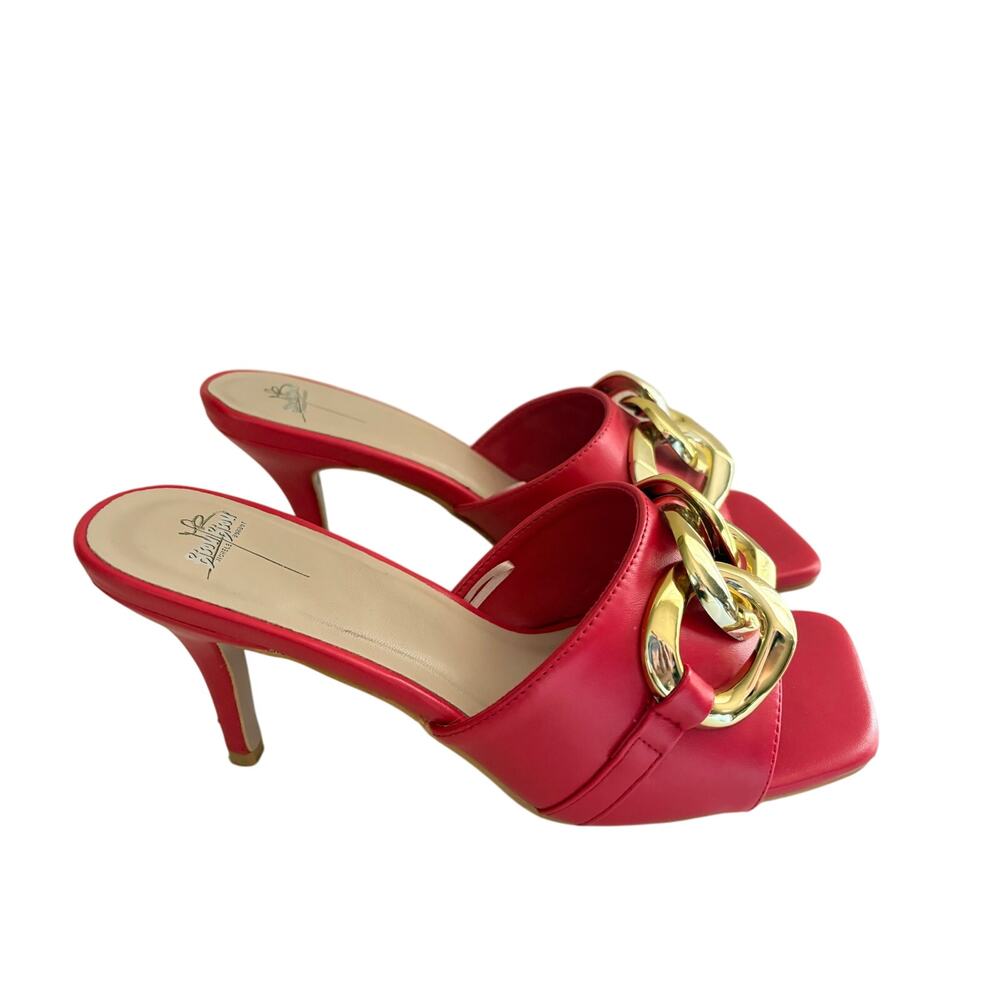 Bisou Bisou Michele Bohbot Red Mules Heels Gold Chain Slide Sandals Size 10